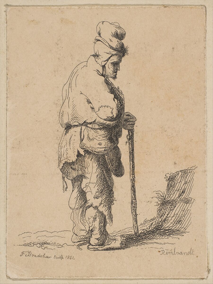 Beggar Leaning on a Stick (reverse copy), F. Bradshaw (British, active mid-19th century), Etching 