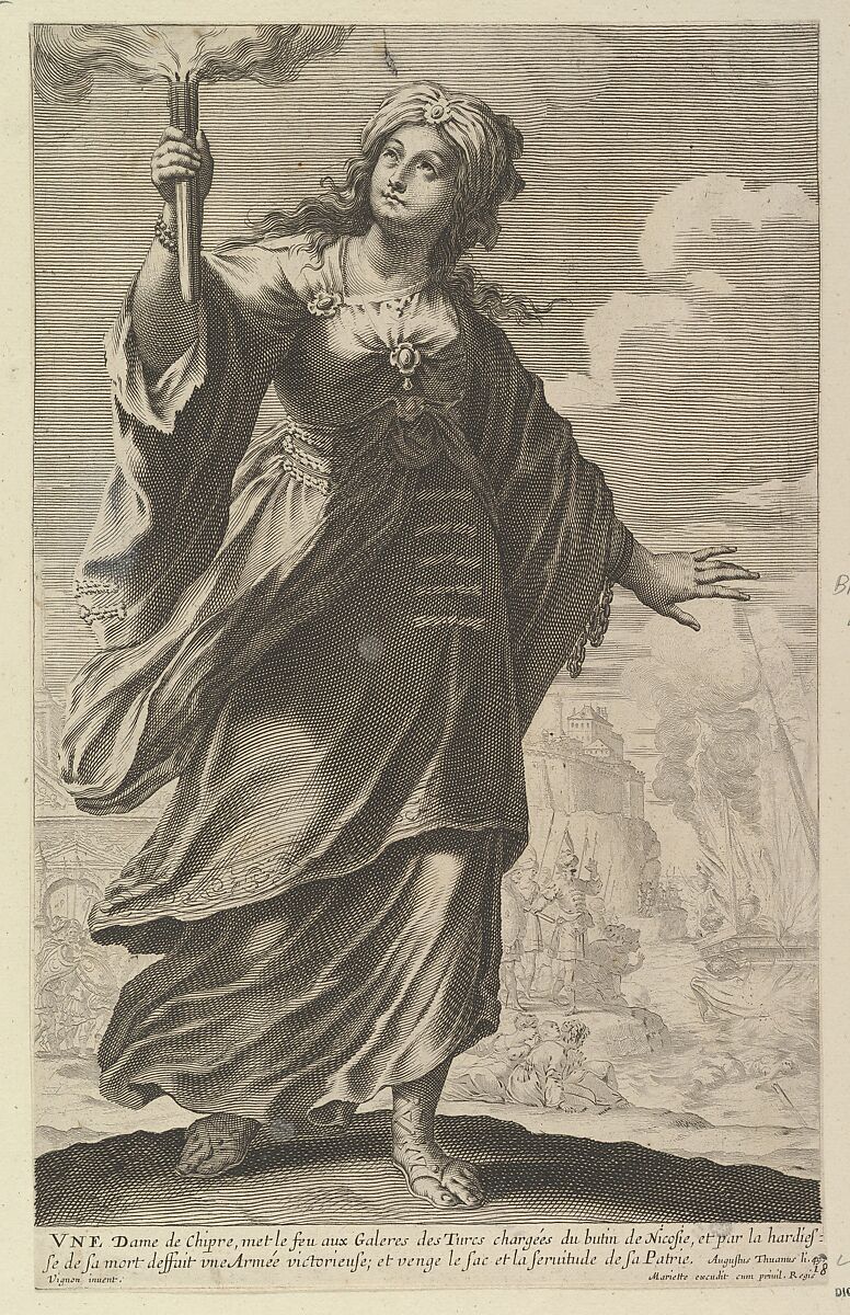 Une Dame de Chypre, Abraham Bosse (French, Tours 1602/04–1676 Paris), Engraving (figure by Rousselet) and etching (background by Bosse) 