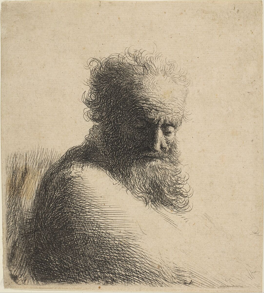 Bust of an Old Bearded Man Looking Down, Three-Quarters Right, Rembrandt (Rembrandt van Rijn) (Dutch, Leiden 1606–1669 Amsterdam), Etching; third state of three 