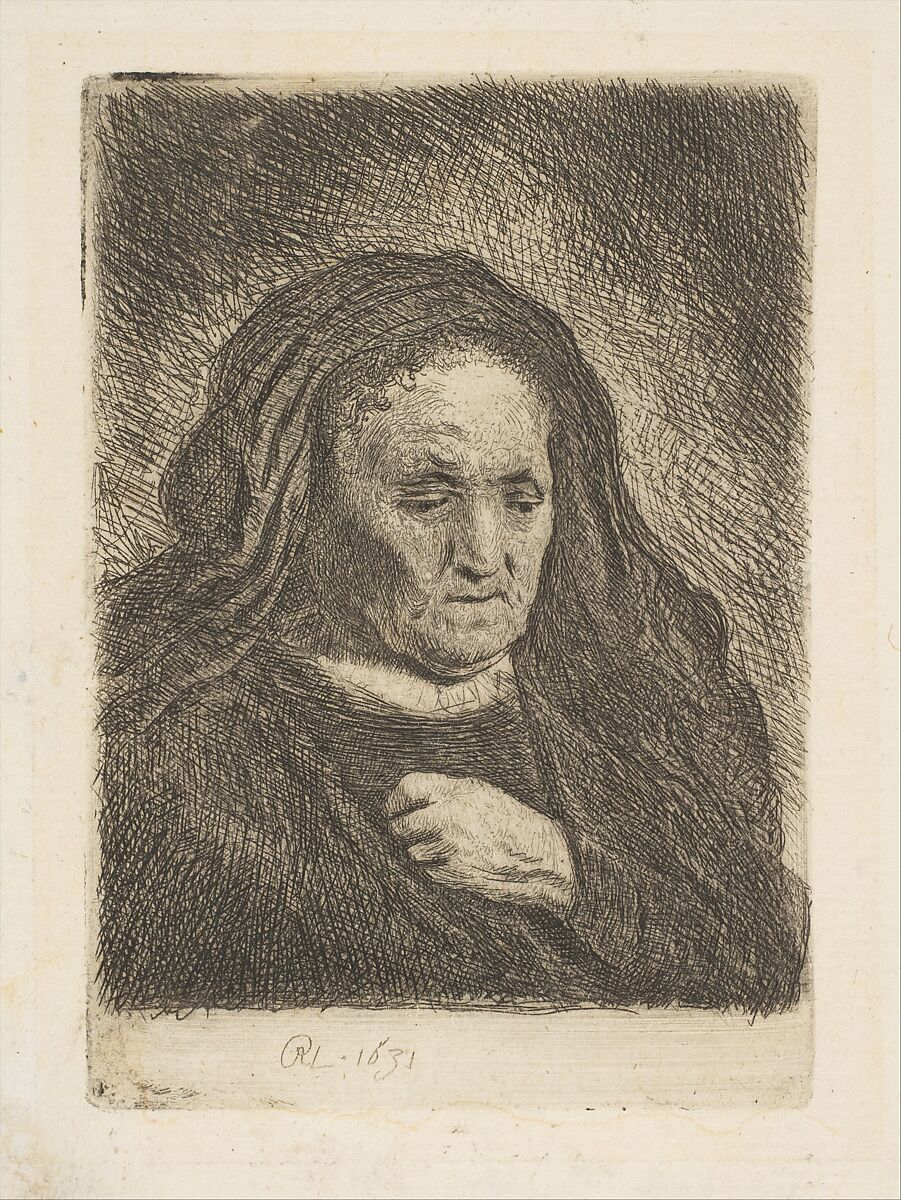 The Artist's Mother with Her Hand on Her Chest, Rembrandt (Rembrandt van Rijn) (Dutch, Leiden 1606–1669 Amsterdam), Etching; New Holl's fourth state of six 