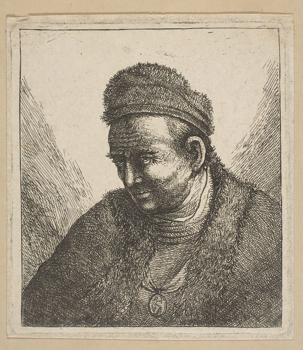 Beardless Man in Fur Cloak and Cap: Bust, David Deuchar (British (born Scotland), 1743–1808), Etching 