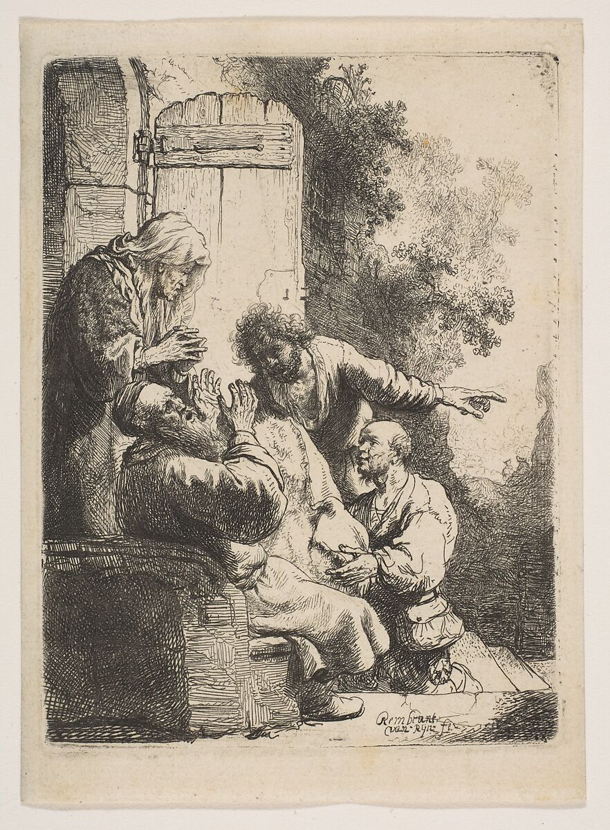 Joseph's Coat Brought to Jacob, Rembrandt (Rembrandt van Rijn) (Dutch, Leiden 1606–1669 Amsterdam), Etching and drypoint; first state of two 
