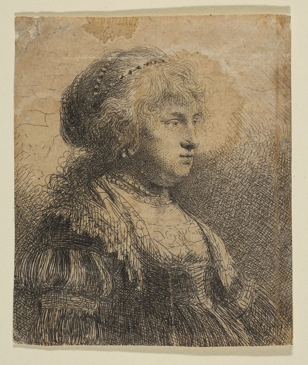 Saskia with Pearls in Her Hair, Rembrandt (Rembrandt van Rijn) (Dutch, Leiden 1606–1669 Amsterdam), Etching 