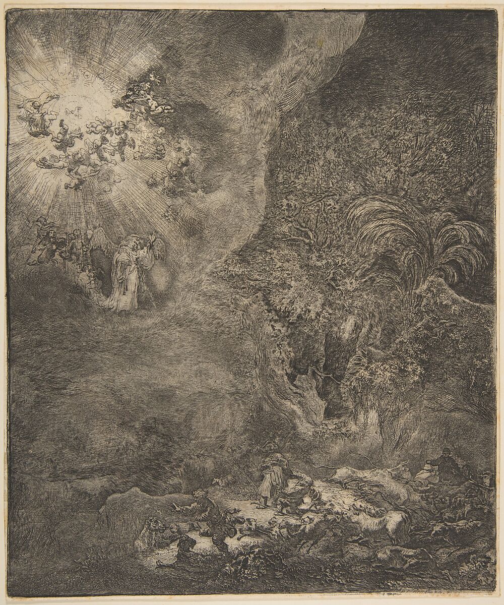 The Angel Appearing to the Shepherds, Rembrandt (Rembrandt van Rijn) (Dutch, Leiden 1606–1669 Amsterdam), Etching 