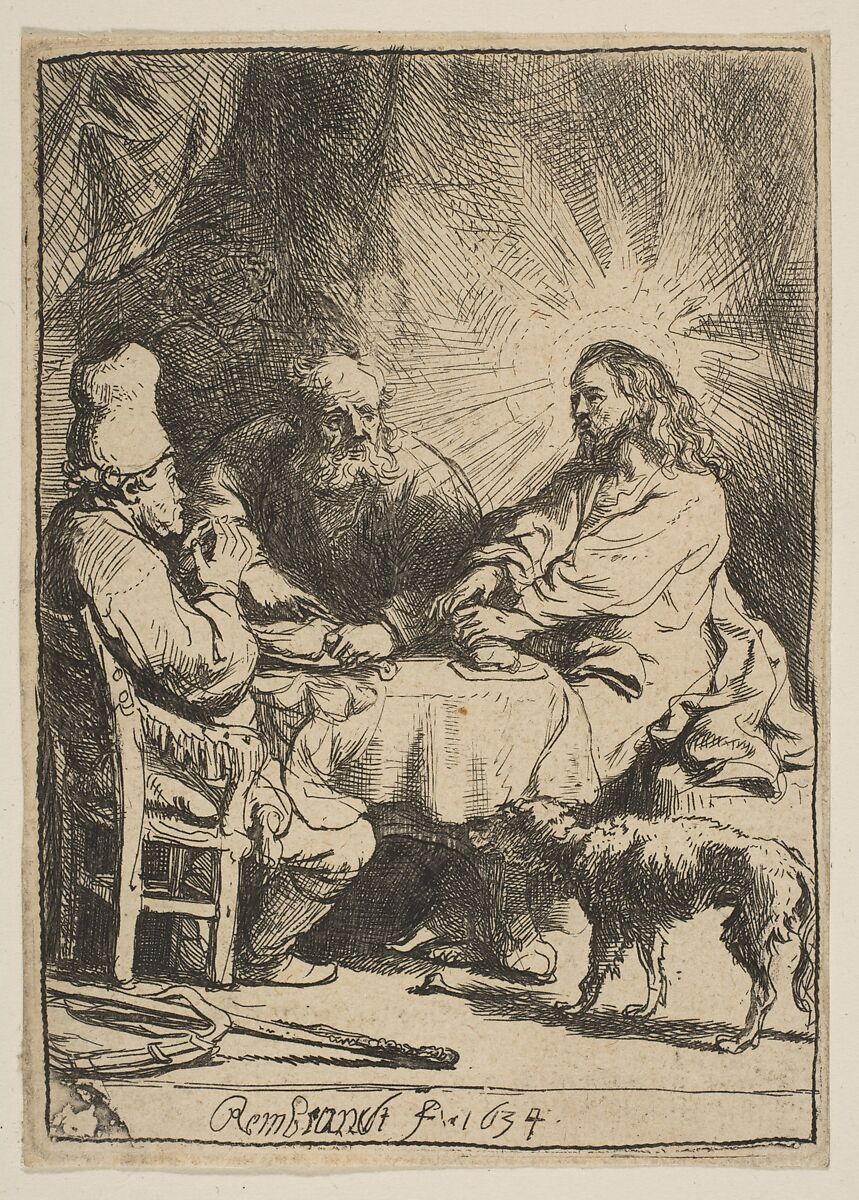 Christ at Emmaus: The Smaller Plate, Rembrandt (Rembrandt van Rijn) (Dutch, Leiden 1606–1669 Amsterdam), Etching with touches of drypoint 