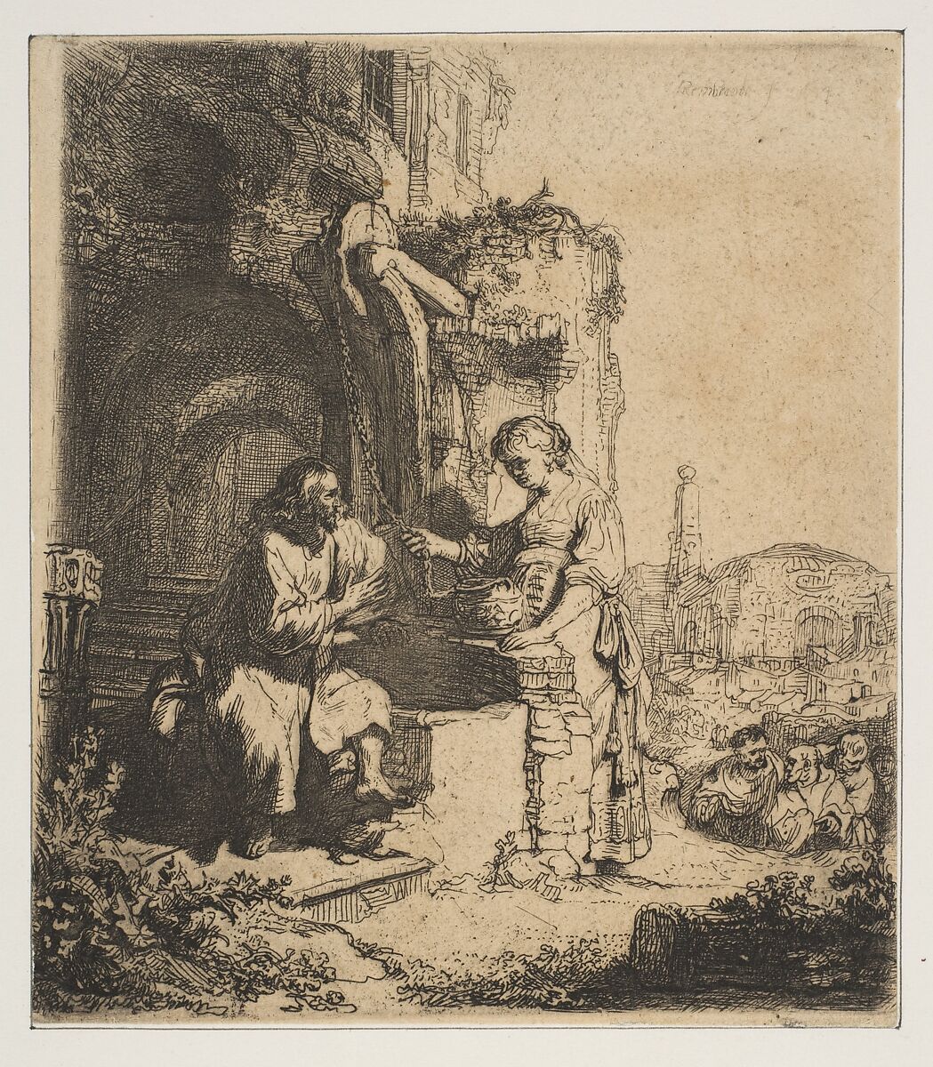 Christ and the Woman of Samaria among Ruins, Rembrandt (Rembrandt van Rijn) (Dutch, Leiden 1606–1669 Amsterdam), Etching 