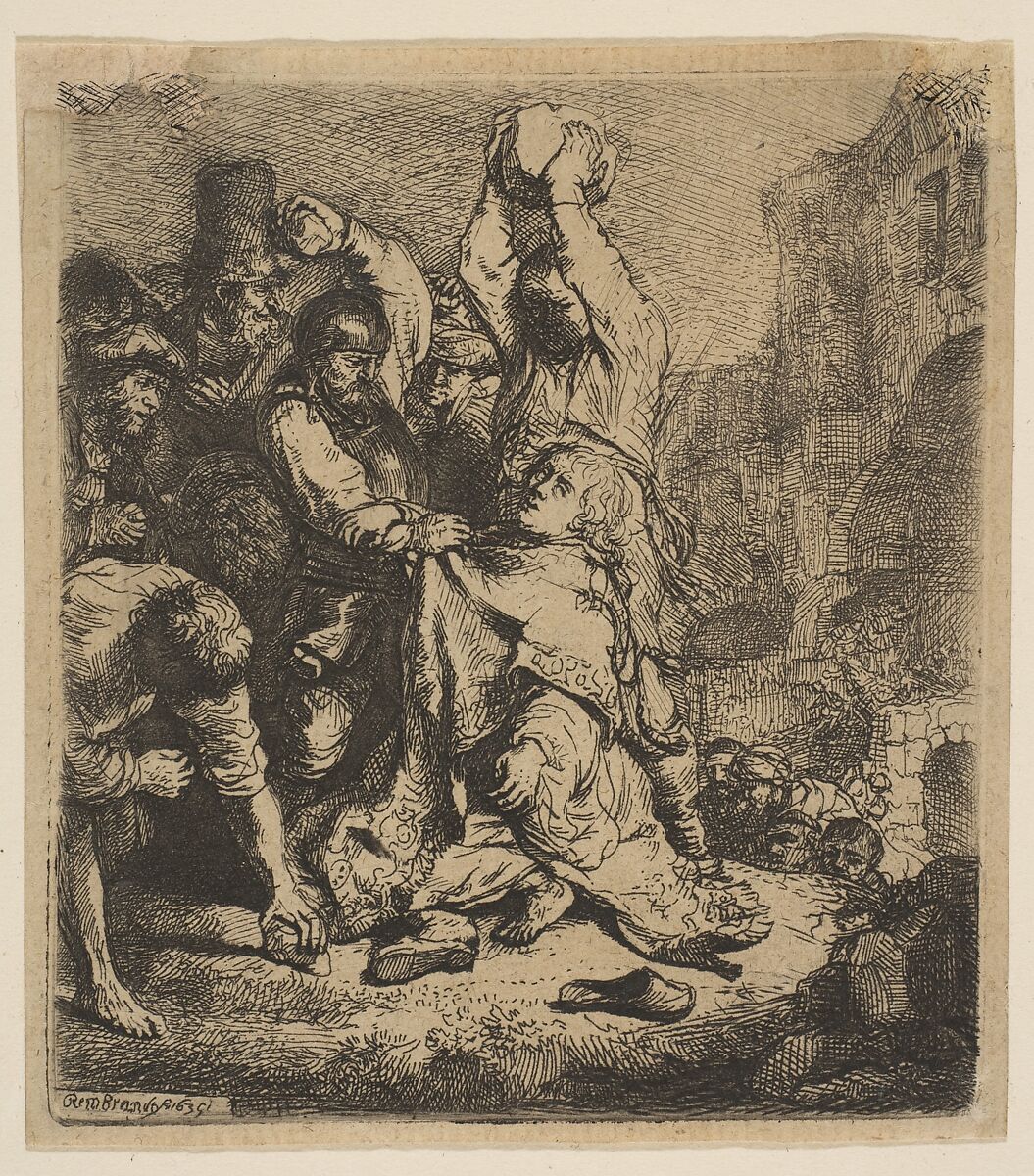 The Stoning of St. Stephen, Rembrandt (Rembrandt van Rijn) (Dutch, Leiden 1606–1669 Amsterdam), Etching 