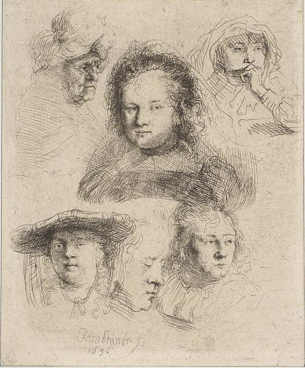 Rembrandt's Wife and Five Other Heads, Rembrandt (Rembrandt van Rijn) (Dutch, Leiden 1606–1669 Amsterdam), Etching 