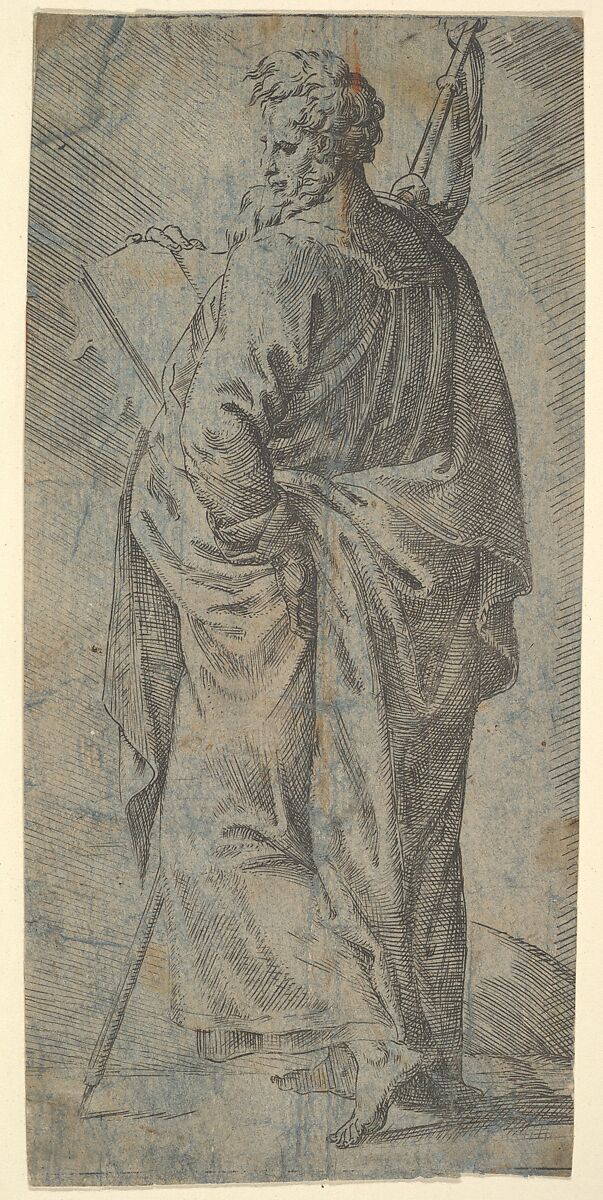 Male Saint, Anonymous, Italian, 16th century, Etching on paper colored in blue 