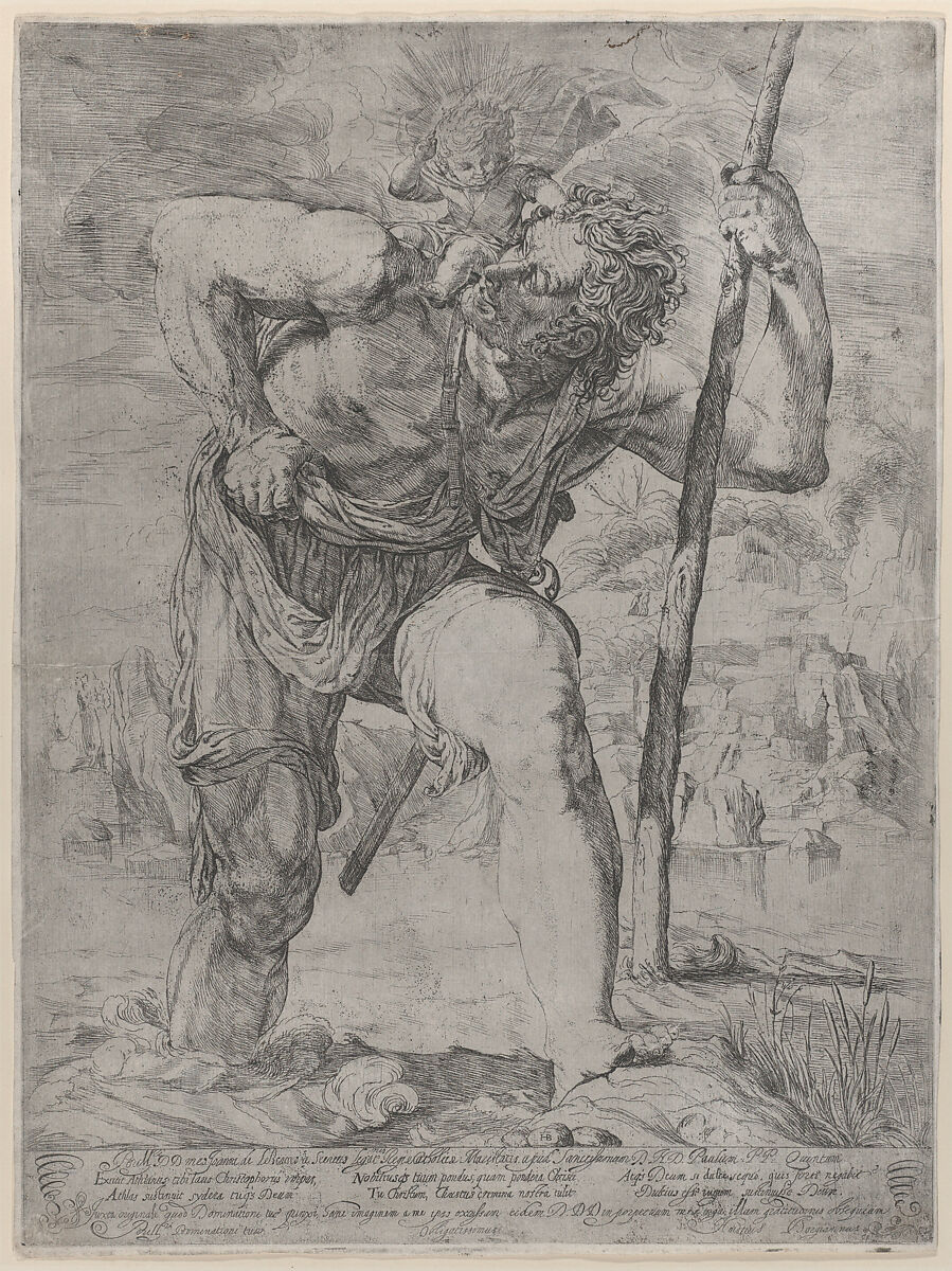 Saint Christopher with the Christ Child on his shoulders, Orazio Borgianni (Italian, Rome 1578–1616 Rome), Etching 