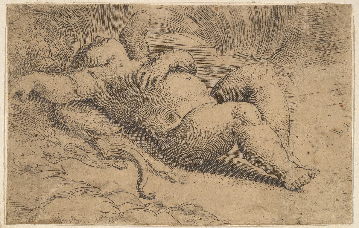 Cupid Sleeping, Parmigianino (Girolamo Francesco Maria Mazzola) (Italian, Parma 1503–1540 Casalmaggiore), Etching 