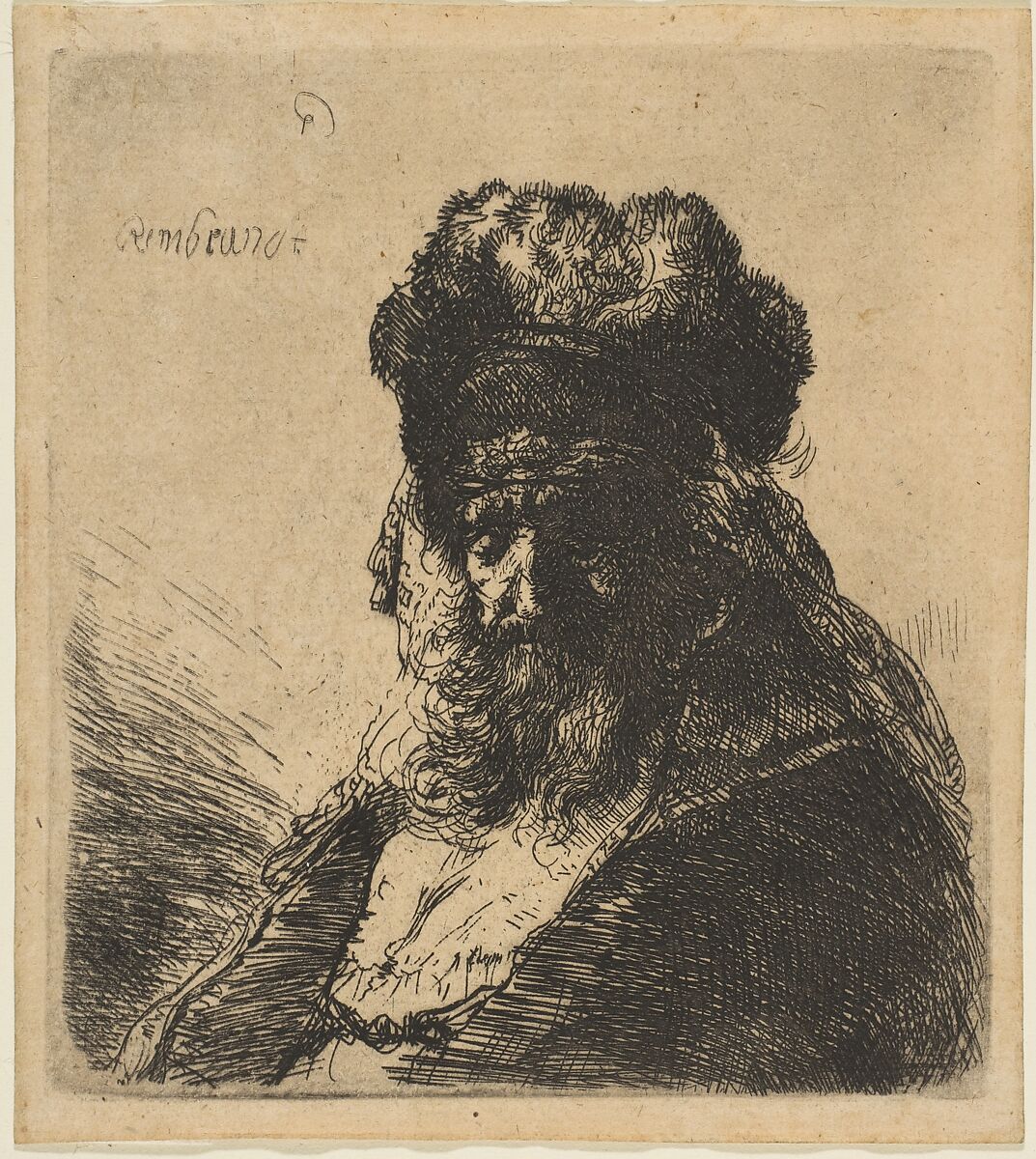 The Old Bearded Man in a High Fur Cap, with Eyes Closed, Rembrandt (Rembrandt van Rijn) (Dutch, Leiden 1606–1669 Amsterdam), Etching 
