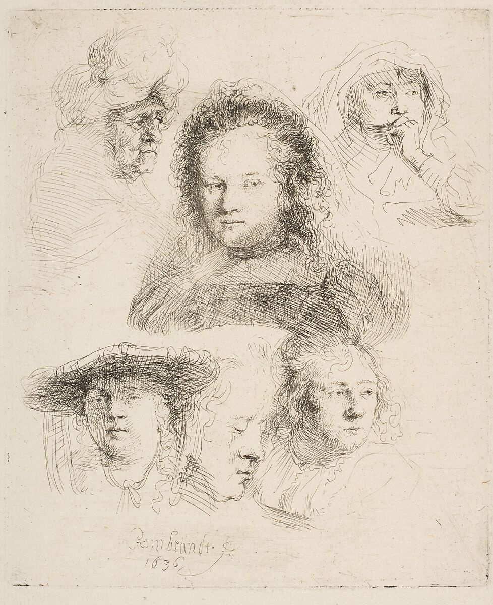 Studies of the Head of Saskia and Others, Rembrandt (Rembrandt van Rijn) (Dutch, Leiden 1606–1669 Amsterdam), Etching 