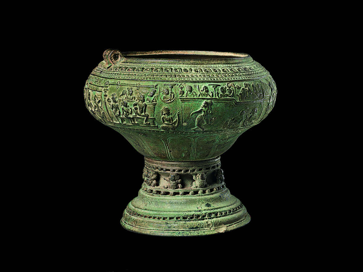 Footed Bowl with Scenes from the Gauttila Jataka, Copper alloy, Southern India, probably Andhra Pradesh 