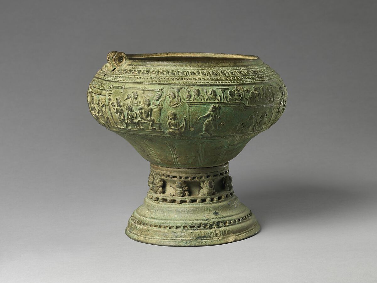 Footed Bowl with Scenes from the Gauttila Jataka, Copper alloy, Southern India, probably Andhra Pradesh
