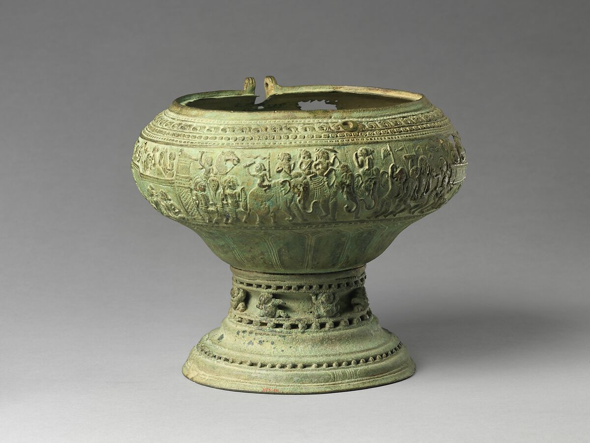 Footed Bowl with Scenes from the Gauttila Jataka, Copper alloy, Southern India, probably Andhra Pradesh