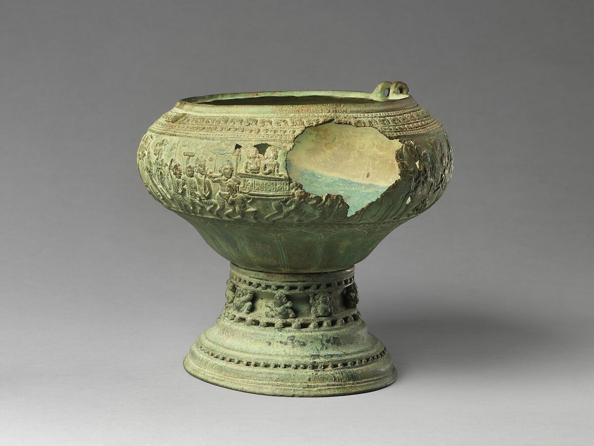 Footed Bowl with Scenes from the Gauttila Jataka, Copper alloy, Southern India, probably Andhra Pradesh