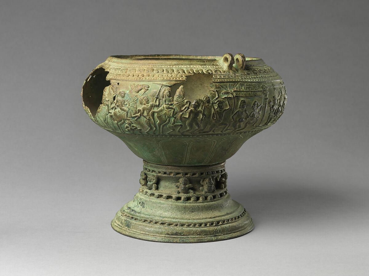 Footed Bowl with Scenes from the Gauttila Jataka, Copper alloy, Southern India, probably Andhra Pradesh
