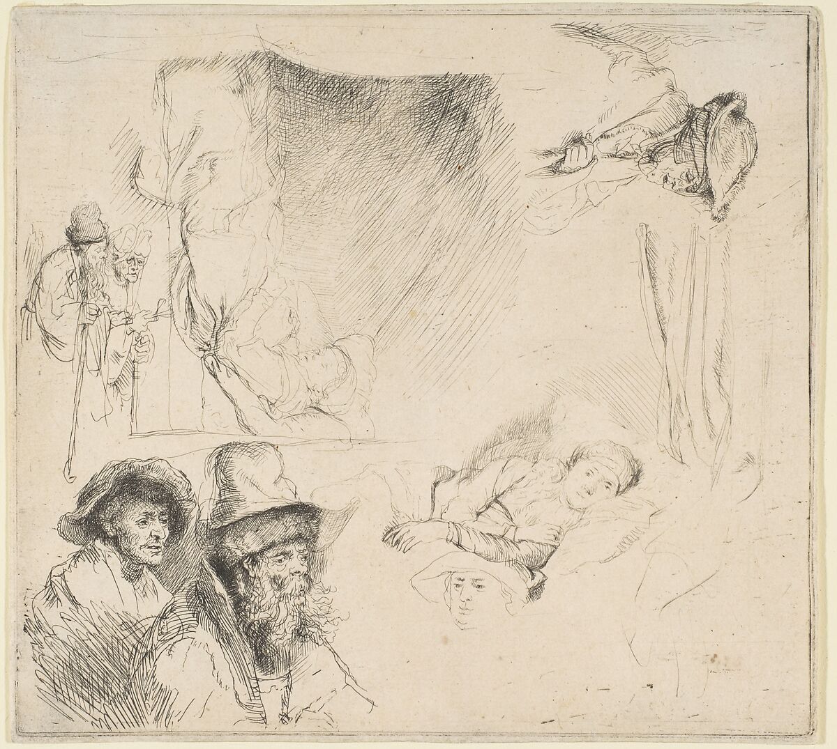 Sheet of Studies with a Woman Lying Ill in Bed, etc., Rembrandt (Rembrandt van Rijn) (Dutch, Leiden 1606–1669 Amsterdam), Etching 