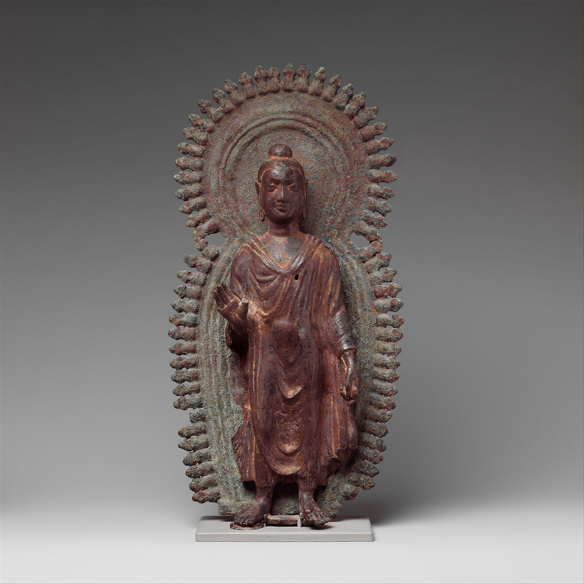 Buddha with Radiate Halo and Mandorla, Brass, Pakistan (ancient region of Gandhara) 