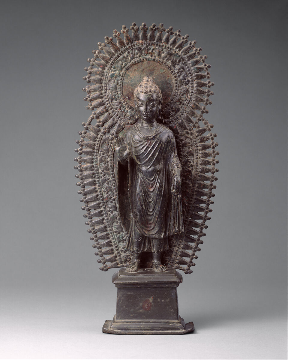 Standing Buddha with Radiate Combined Halo, Brass, Pakistan (ancient region of Gandhara) 