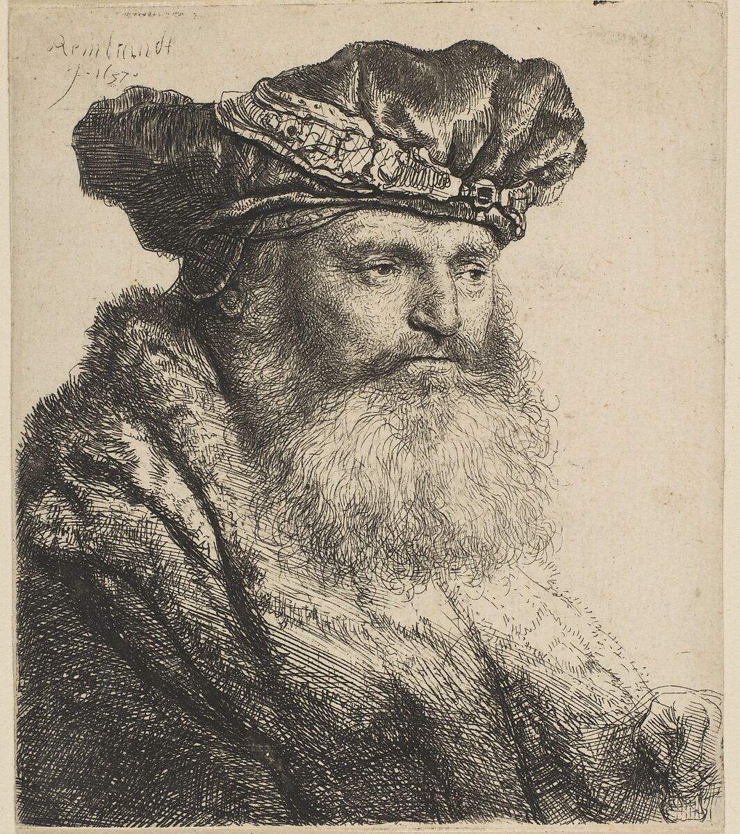 Bearded Man in a Velvet Cap with a Jewel Clasp, Rembrandt (Rembrandt van Rijn) (Dutch, Leiden 1606–1669 Amsterdam), Etching 