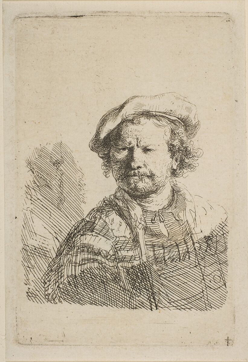 Self-Portrait in a Flat Cap and Embroidered Dress, Rembrandt (Rembrandt van Rijn) (Dutch, Leiden 1606–1669 Amsterdam), Etching; second state of two 