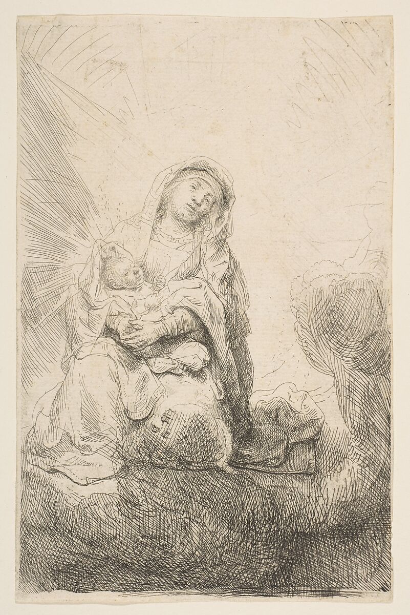 The Virgin and Child in the Clouds, Rembrandt (Rembrandt van Rijn) (Dutch, Leiden 1606–1669 Amsterdam), Etching and drypoint; first of two states 
