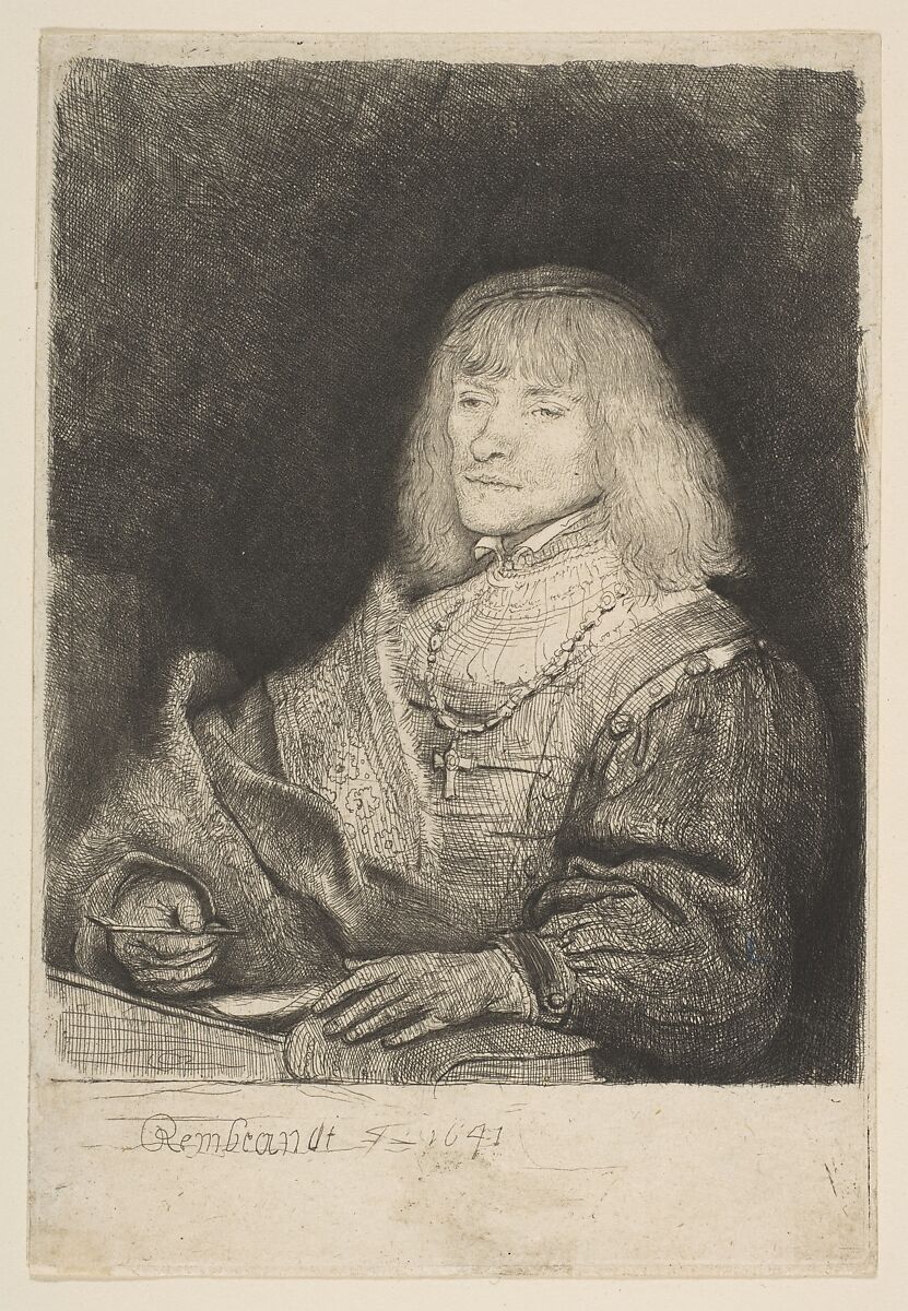 Man at Desk, Wearing Cross and Chain, Rembrandt (Rembrandt van Rijn) (Dutch, Leiden 1606–1669 Amsterdam), Etching and drypoint; fourth of five states  