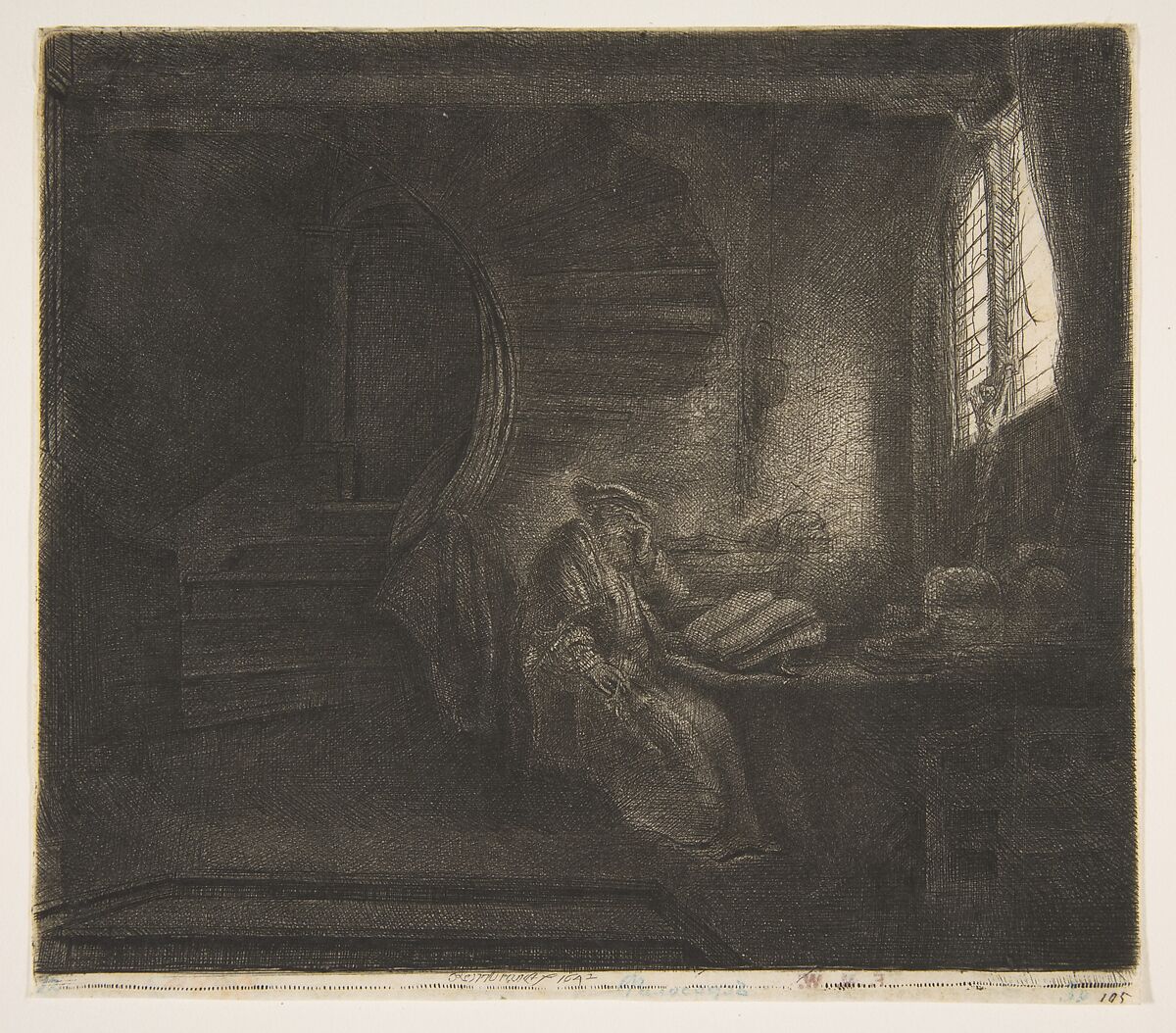 St. Jerome in a Dark Chamber, Rembrandt (Rembrandt van Rijn) (Dutch, Leiden 1606–1669 Amsterdam), Etching, engraving, and drypoint; second of three states 