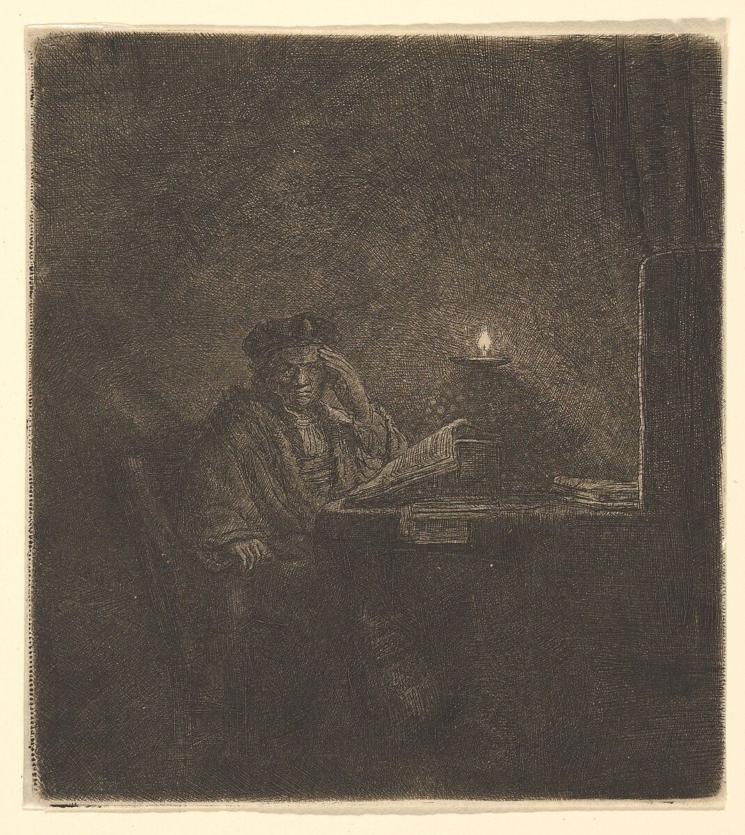 Student at a Table by Candlelight, Rembrandt (Rembrandt van Rijn) (Dutch, Leiden 1606–1669 Amsterdam), Etching; first of two states 