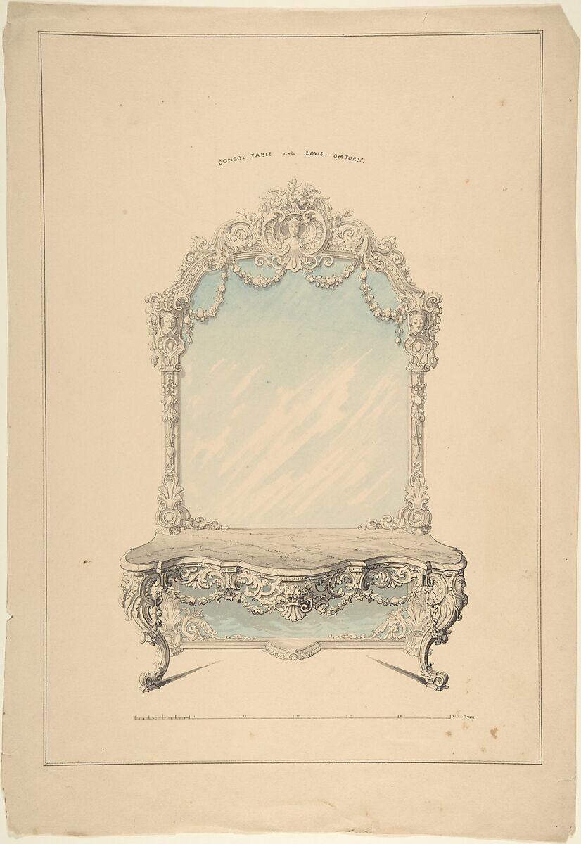 Design for Console Table, Robert William Hume (British, London 1816–1904 Long Island City), Pen and ink, graphite, watercolor 