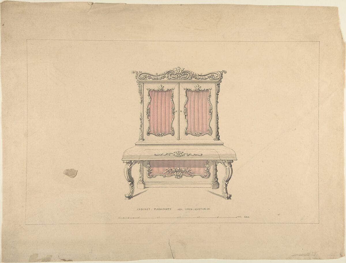 Design for Cabinet Pianoforte, Louis Quatorze Style, Robert William Hume (British, London 1816–1904 Long Island City), Pen and ink, graphite, watercolor 