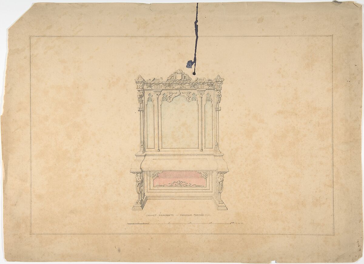 Design for Cabinet Pianoforte, François Premier Style, Robert William Hume (British, London 1816–1904 Long Island City), Pen and ink, graphite, watercolor 