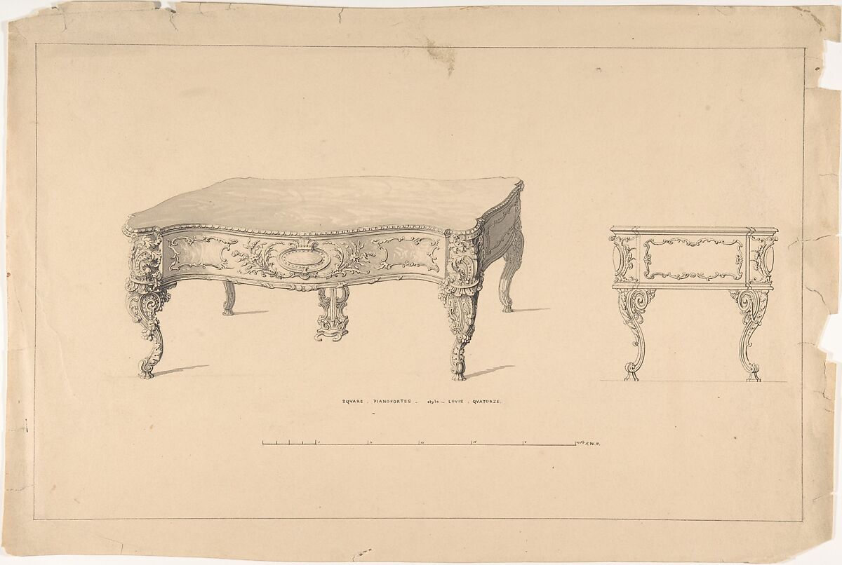 Design for Square Pianoforte, Louis Quatorze Style, Robert William Hume (British, London 1816–1904 Long Island City), Pen and ink, graphite, watercolor 
