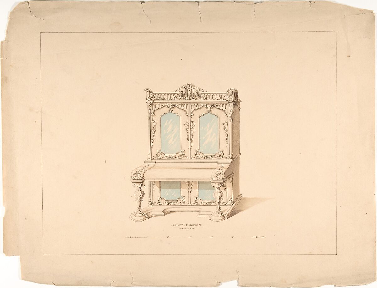 Design for Cabinet Pianoforte, Arabesque Style, Robert William Hume (British, London 1816–1904 Long Island City), Pen and ink, graphite, watercolor 