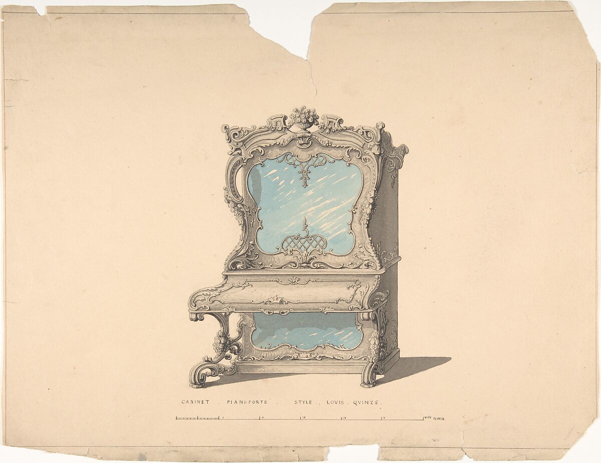 Design for Cabinet Pianoforte, Louis Quinze Style, Robert William Hume (British, London 1816–1904 Long Island City), Pen and ink, graphite, watercolor 
