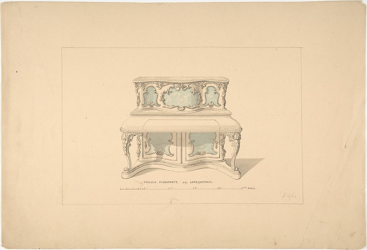 Design for Piccolo Pianoforte, Louis Quatorze Style, Robert William Hume (British, London 1816–1904 Long Island City), Pen and ink, graphite, watercolor 