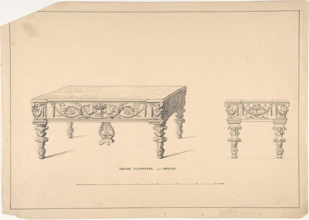 Design for Square Pianoforte, Grecian Style, Robert William Hume (British, London 1816–1904 Long Island City), Pen and ink, brush and wash, graphite 