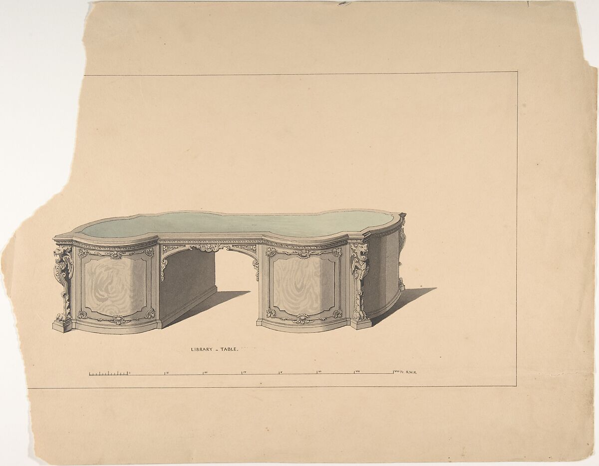 Design for Library Table, Robert William Hume (British, London 1816–1904 Long Island City), Pen and ink, graphite, watercolor 