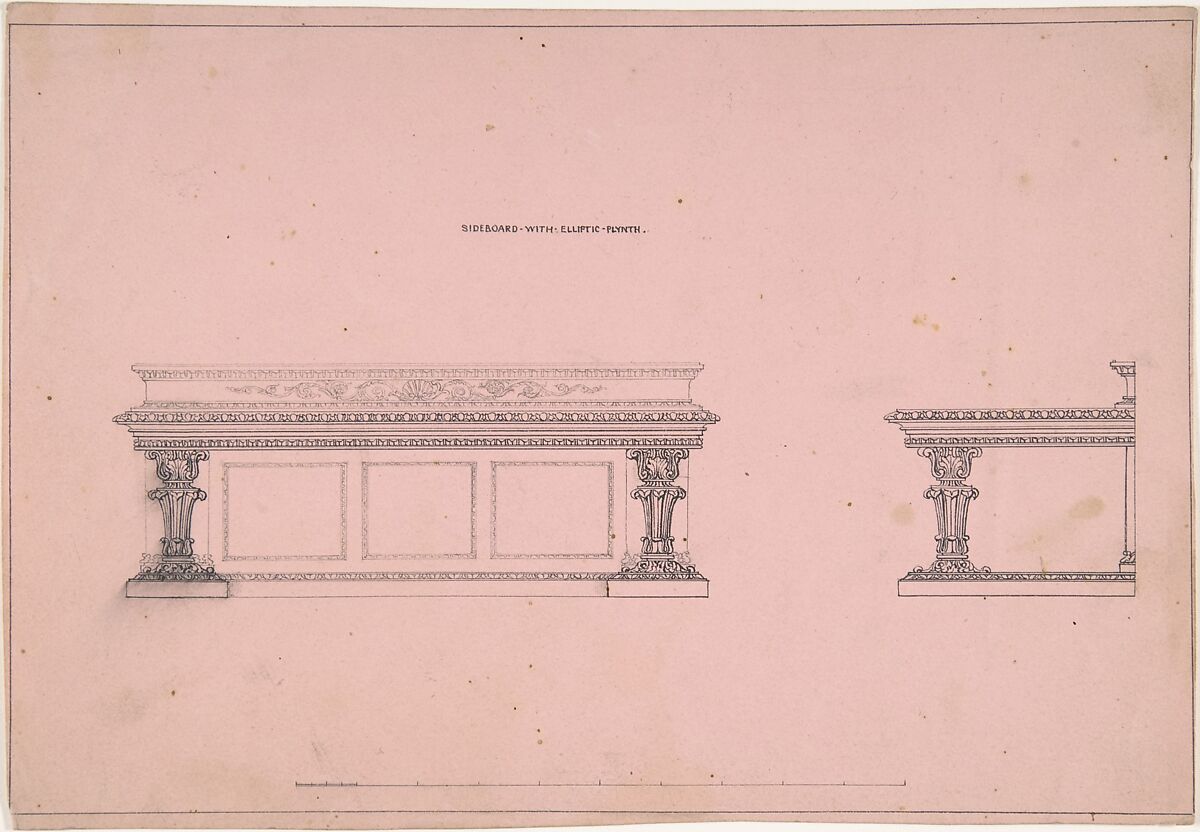Designs for Sideboard with Elliptic Plinth, Robert William Hume (British, London 1816–1904 Long Island City), Pen and ink, graphite, on pink paper 