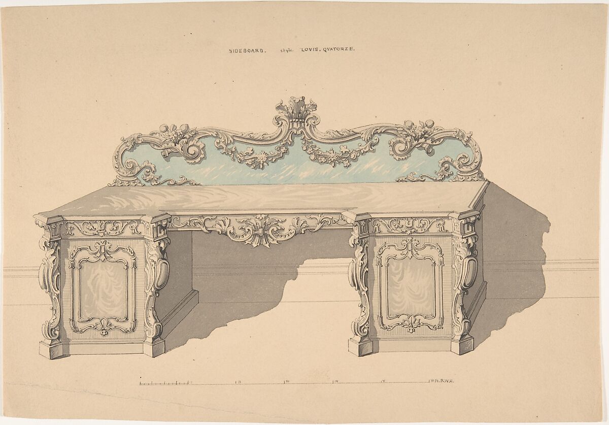 Design for Sideboard, Louis Quatorze Style, Robert William Hume (British, London 1816–1904 Long Island City), Pen and ink, graphite, watercolor 