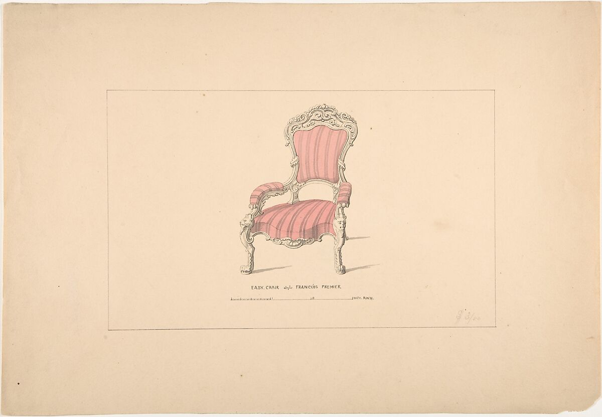 Design for Easy Chair, François Premier Style, Robert William Hume (British, London 1816–1904 Long Island City), Pen and ink, graphite, watercolor 