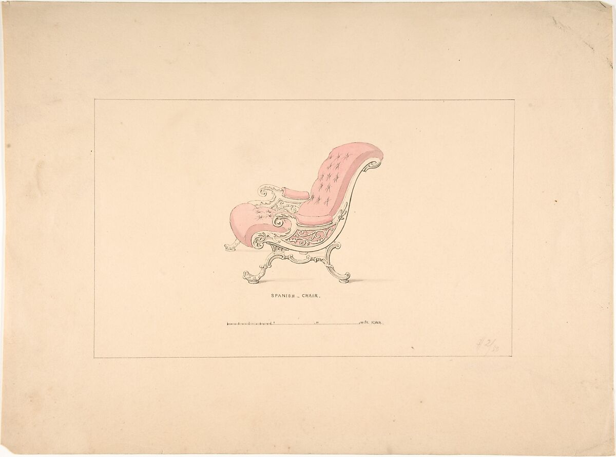 Design for Spanish Chair, Robert William Hume (British, London 1816–1904 Long Island City), Pen and ink, watercolor 