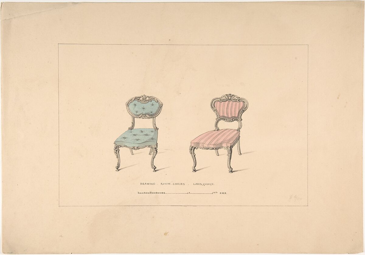 Design for Drawing Room Chairs, Louis Quinze Style, Robert William Hume (British, London 1816–1904 Long Island City), Pen and ink, watercolor 