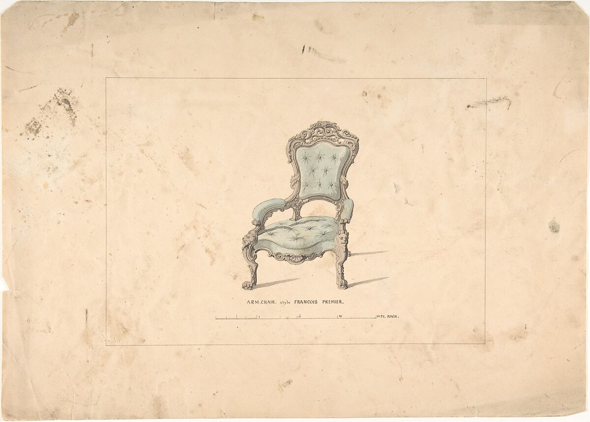Design for Armchair, François Premier Style, Robert William Hume (British, London 1816–1904 Long Island City), Pen and ink, graphite, watercolor 