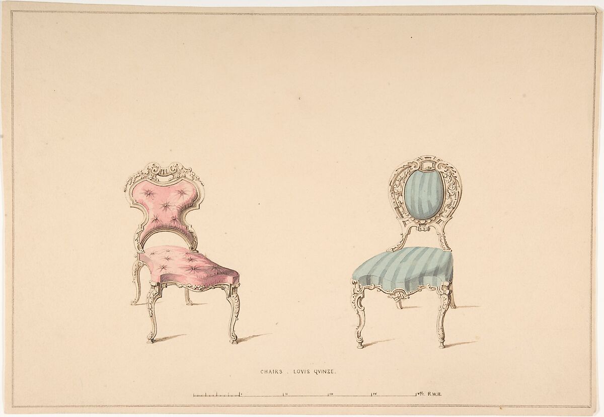 Design for Chairs, Louis Quinze Style, Robert William Hume (British, London 1816–1904 Long Island City), Pen and ink, graphite, watercolor 