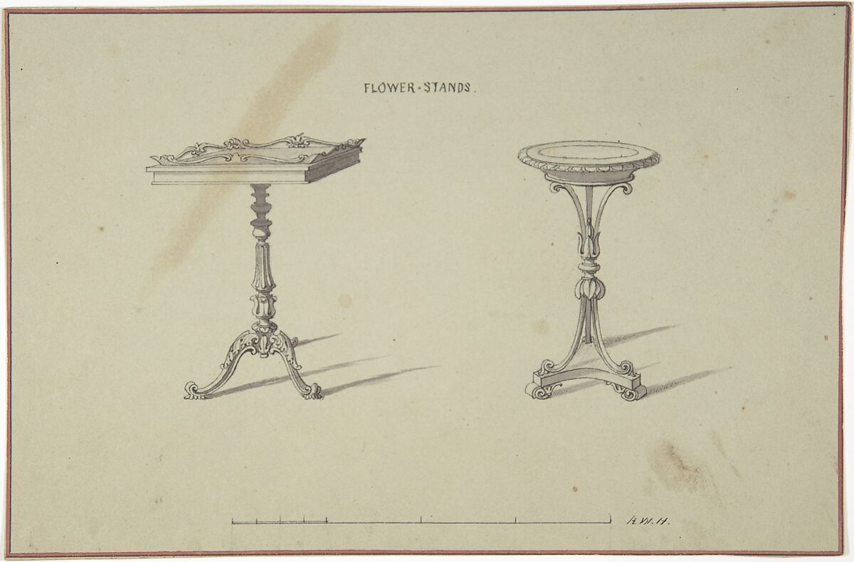 Two Designs for Flower Stands, Robert William Hume (British, London 1816–1904 Long Island City), Pen and ink, graphite, watercolor 