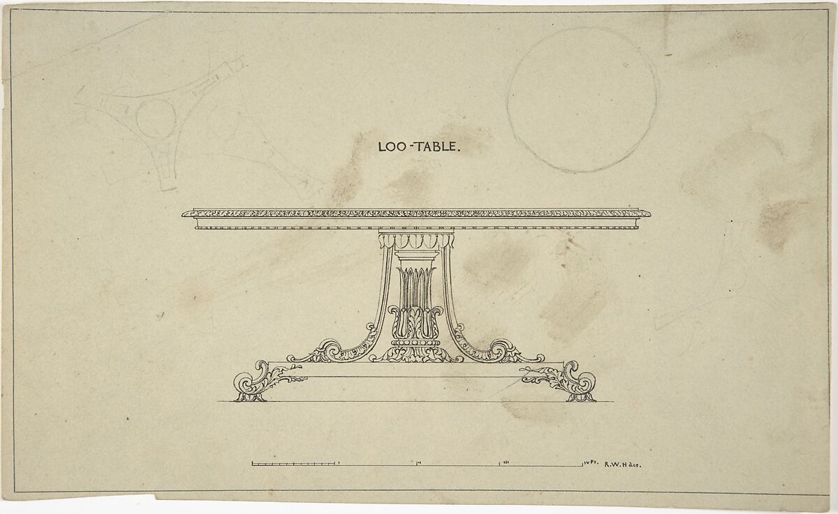 Design for Loo-Table, with plans of top and pedestal, Robert William Hume (British, London 1816–1904 Long Island City), Pen and ink, graphite 