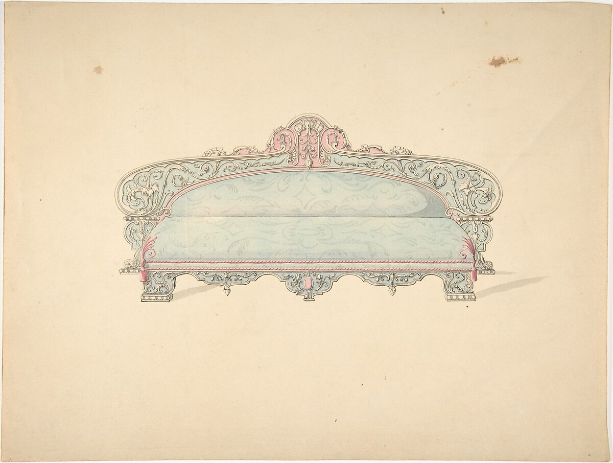 Design for Ottoman, Robert William Hume (British, London 1816–1904 Long Island City), Pen and ink, graphite, watercolor 